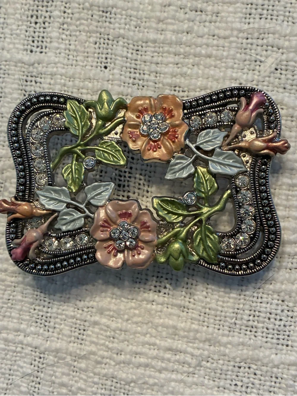 Floral Pink & Green floral with rhinestone accents belt buckle